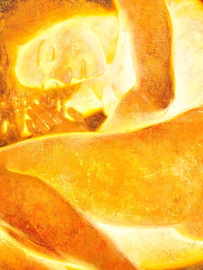 Figura femminile immersa nella luce dorata, rappresentazione dell’estate come stagione di espressione luminosa, abbondanza e sacralità del corpo.