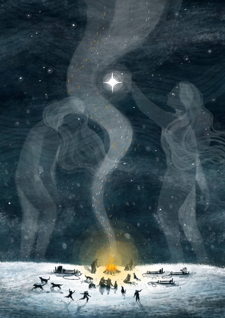 Illustrazione notturna con fuoco centrale e figure spirituali, simbolo dell’inverno come stagione di introspezione, morte simbolica e rigenerazione interiore.