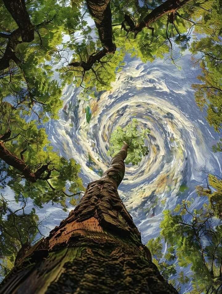 Albero che si innalza verso un cielo vorticoso di luce e foglie, simbolo della primavera come rinascita, risveglio e nuova visione.